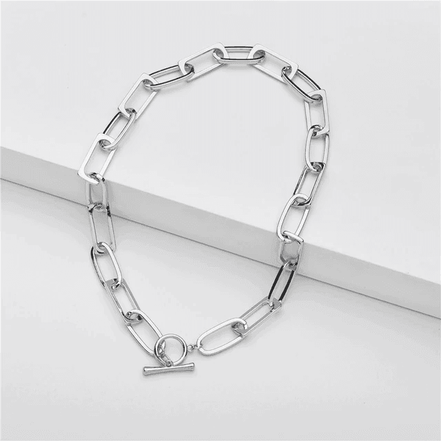 T Bar Locking Silver Chunky Chain Necklace